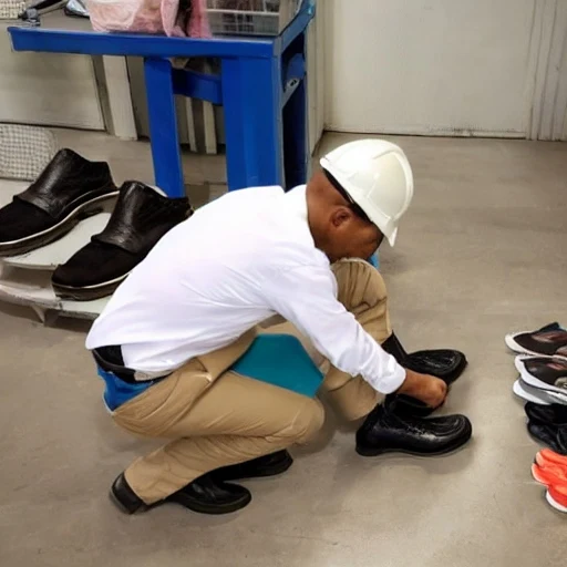 Footwear worker inspecting a finished shoe