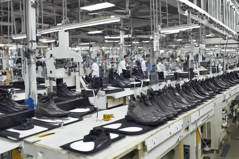 Footwear production line with shoes being assembled